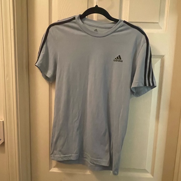Men’s small Adidas light blue with dark blue 3 stripes climalite tee tshirt - Picture 1 of 6